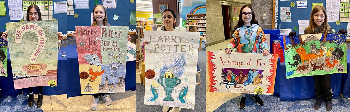 Winners of Mars Area Centennial School’s Read Across America Week Poster Contest are (from left) sixth-graders Allison Sottile, Lindsey Hutchens and Rhythm Srivastava fifth-graders Maddalena Fox and Chelsea Vermeulen.